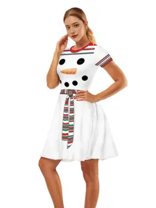 Festive Christmas snowman digital print high-waist A-line dress for women holiday outfit