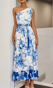 One-shoulder blue and white floral maxi dress sleeveless vacation long dress with belt