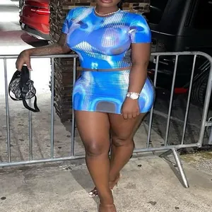 Sexy women's two-piece set with blue 3D digital print, slim short sleeve top and skirt