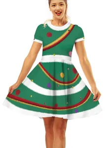 Festive women's A-line dress featuring a 3D digital Christmas tree print and high waist.
