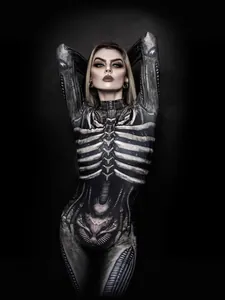 Gothic women's Halloween jumpsuit featuring a bio-mechanical skeleton print for parties
