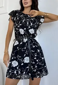 Detailed close-up of a black floral A-line mini dress with flutter sleeves and belt