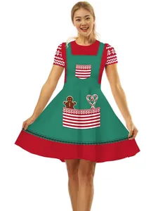 Festive women's Christmas dress with gingerbread man print and high waist design