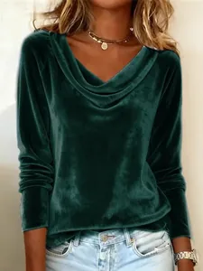 Elegantes dunkelgrünes Samt-Langarmshirt mit modischem Wasserfallausschnitt für Damen Mode