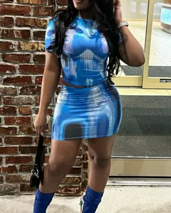 Two-piece women's set with blue 3D digital print, featuring a slim fit crop top and mini skirt.