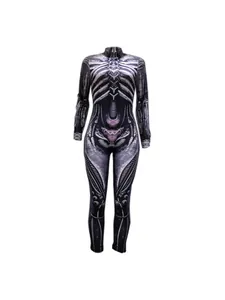 Womens gothic skeleton print bodysuit jumpsuit for Halloween cosplay party wear
