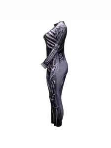Full length side view of a Gothic women's Halloween jumpsuit with realistic skeleton print.