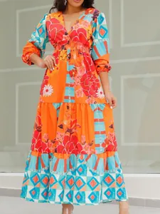 Women Vintage Ethnic Print V-neck Maxi Dress Bohemian Lantern Sleeve Tiered Cake Long Dress Retro High Waist Elastic Dress