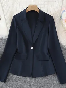 Detailansicht des dunkelblauen Blazers mit Reverskragen und elegantem Knopf