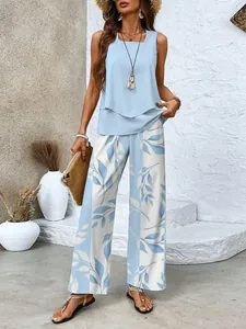 Summer sleeveless double-layer tank top and blue leaf print wide-leg pants fashion set.