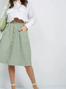 Women Summer Elastic Waist A-Line Midi Skirt Single-Breasted Cargo Style With Pockets Casual Polyester Spliced Skirt