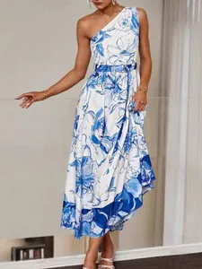 Women One Shoulder Sleeveless Maxi Dress Floral Print Polyester Summer Vacation Boho Belted A-Line Long Dress For Party