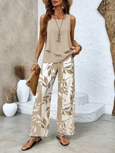 Full view of women's casual khaki double-layer top and leaf print wide-leg trousers