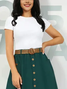 Elegant women's green mid-length A-line skirt with single-breasted front and woven belt