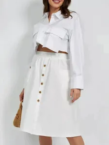 Elegant white elastic waist A-line midi skirt with buttons and cropped shirt set