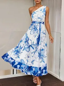 Elegant one-shoulder blue floral maxi dress with matching belt for summer vacations