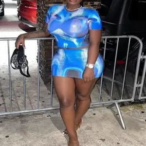 Sexy 2-piece bodycon skirt set with blue 3D digital print and slim round neck short sleeve