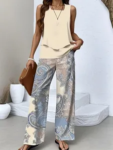 Chic women's sleeveless cream double-layer tank top and paisley wide-leg pants set
