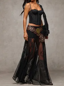 Detailed view of an elegant black lace sheer maxi skirt featuring a floral pattern.