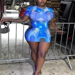 Women's 3D digital thermal print 2-piece set with short sleeve top and mini skirt