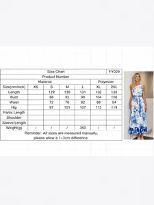 Comprehensive size chart for women's ocean blue floral print one-shoulder maxi dress