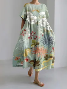 Elegante abito lungo da donna stile Tokyo con stampa floreale e maniche corte