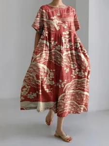 Abito lungo casual stile Tokyo con stampa naturale tradizionale in rosso e crema