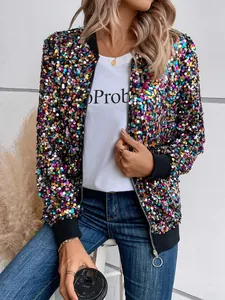 Close-up of a colorful sequin bomber jacket with zip-up detail for women