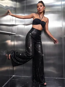 Glamorous high-waisted black sequin wide-leg pants for women's elegant party wear