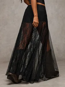 Sheer black lace maxi skirt with intricate floral patterns and elegant silhouette