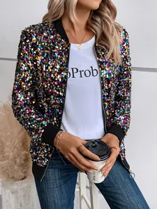 Close-up of colorful sequin long sleeve jacket with black ribbed trim