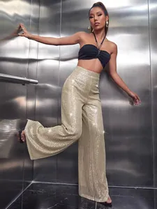 Stylish high waist gold sequin wide leg trousers perfect for party and evening events
