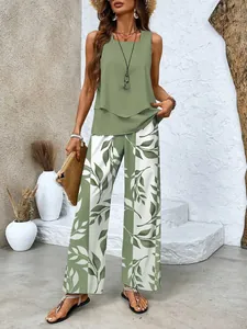 Casual olive green two-piece set with sleeveless top and leaf print wide-leg pants