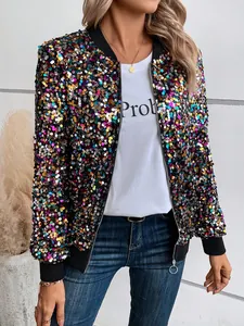Close-up of a women's bomber jacket with vibrant multi-colored sequins and ribbed cuffs.