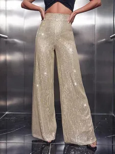 Glistening gold sequined wide-leg pants with a high-waist design for evening glam