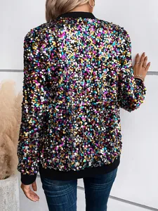 Vibrant colorful sequined long-sleeve jacket for women shown from a back detail view