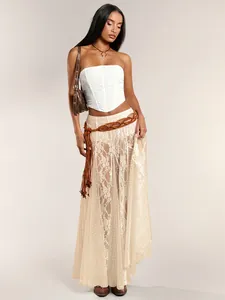 Elegant bohemian lace sheer maxi skirt with low waist and floral pattern details