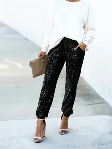 Eleganti pantaloni neri con paillettes da donna con coulisse per feste o casual