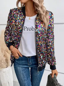 Close-up of a vibrant colorful sequin bomber jacket for women with sparkling long sleeves