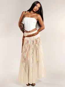 Elegant chic sheer lace maxi skirt with floral embroidery and bohemian woven belt