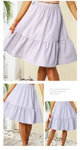 Detail view of light purple tiered ruffled mini skirt with a comfortable elastic waist.