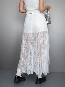 Full back view of white lace floral see-through maxi skirt featuring a short inner lining