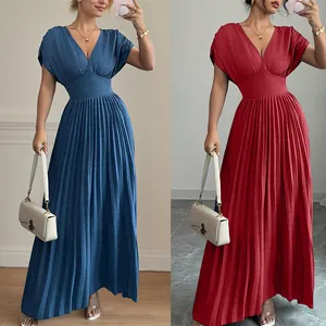 Vestido Maxi Elegante para Mujer Cuello en V Manga Corta Plisado Color Sólido Cintura Alta Corte Ajustado Casual Oficina Vestido Largo Ropa de Poliéster