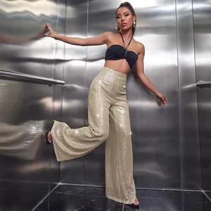 Elegant high-waist gold sequin wide-leg pants with a stylish draped fit for women