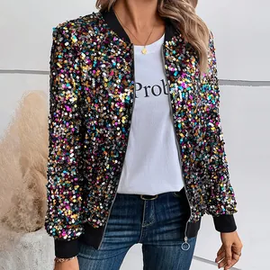 Vibrant colorful sequined bomber jacket for women featuring black ribbed knit trim