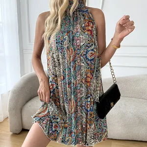 Chic bohemian pleated halter sleeveless dress shown on model for beach vacation wear