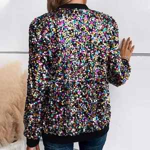 Stylish colorful sequined bomber jacket for women with long sleeves and black ribbed trim.