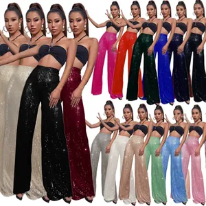 High waisted sequined wide leg pants for women available in various sparkling colors