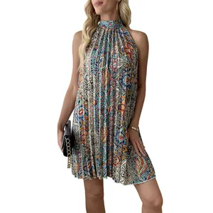 Pleated bohemian halter neck sleeveless dress with paisley print for beach vacation