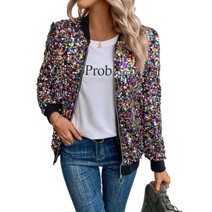 Stylish women's colorful sequin bomber jacket with zip-up front and ribbed cuffs